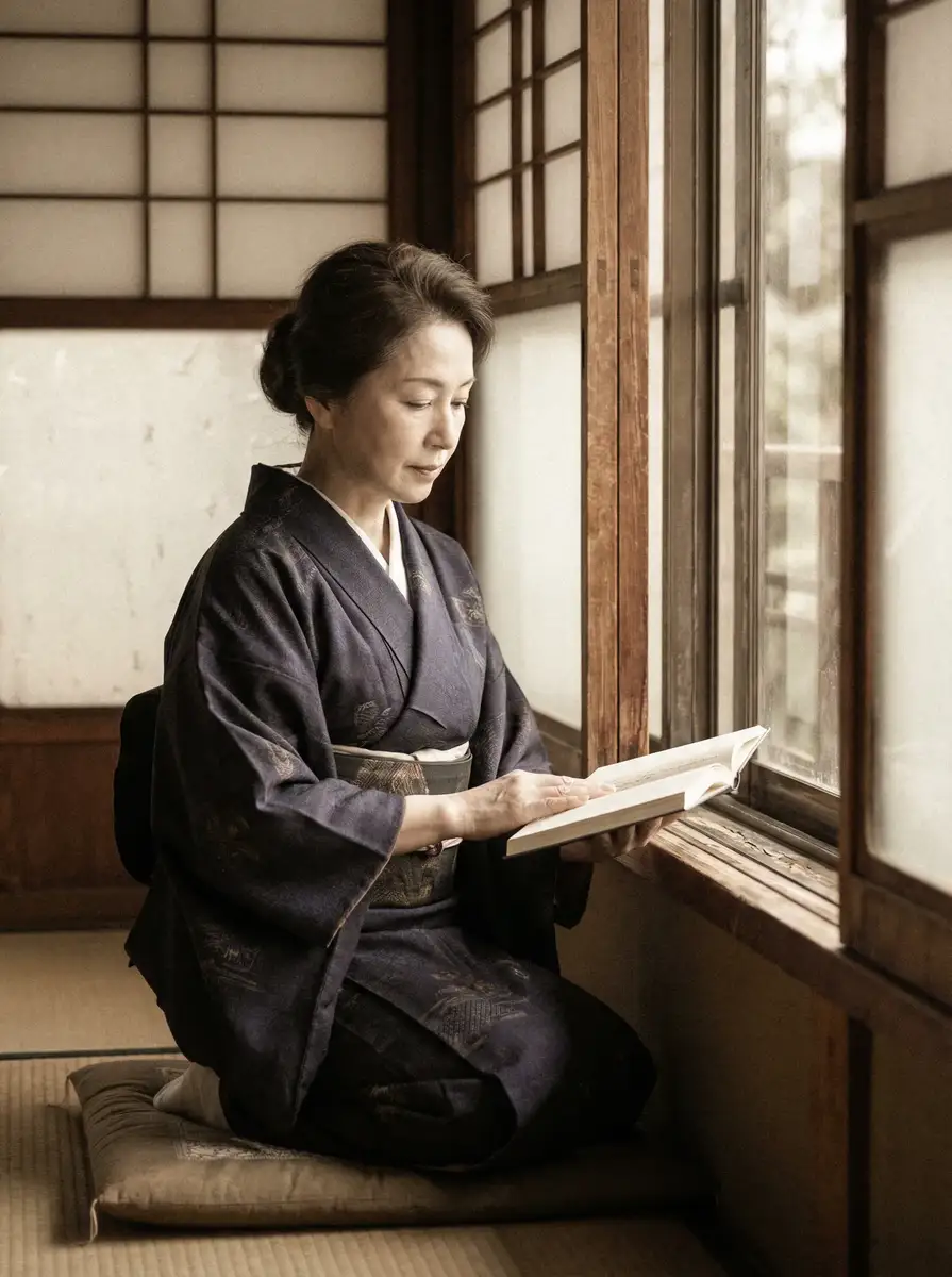 一位优雅的五十岁 安博体育平台平台 身穿深蓝色和服，在窗边静读